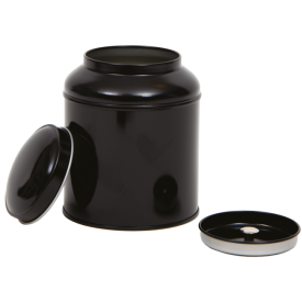 Rond blik met domed deksel en binnendeksel, groot zwart